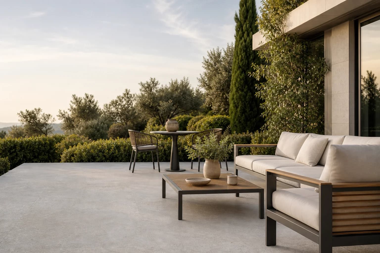 Modern lounge set on a stone garden terrace