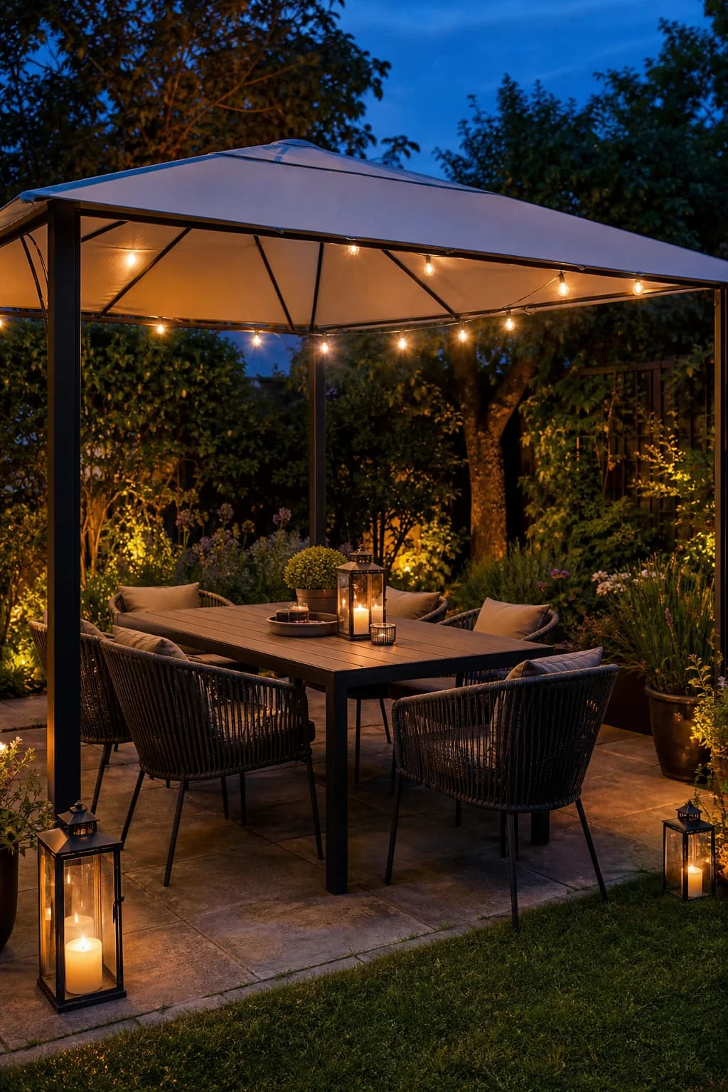 Garden dining set under a canopy with soft evening lights