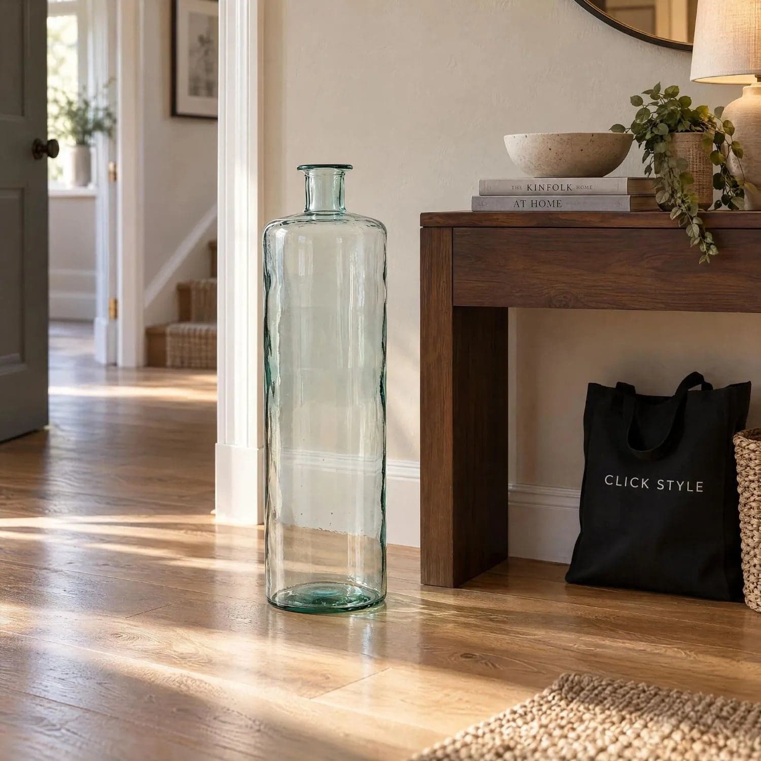 Tall Clear Recycled Glass Bottle Vase with Narrow Neck – Large Decorative Floor Standing Vase 75x25x25cm