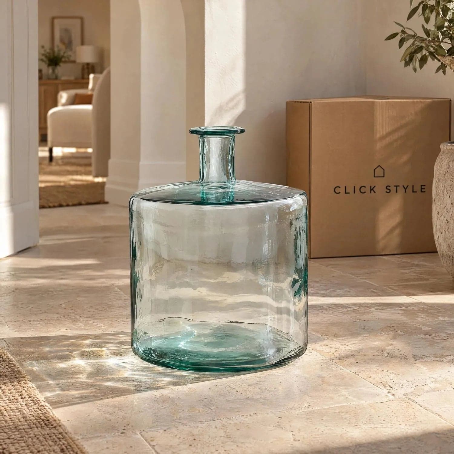 Large Clear Recycled Glass Bottle Vase with Narrow Neck – Wide Decorative Floor Vase 45x35x35cm