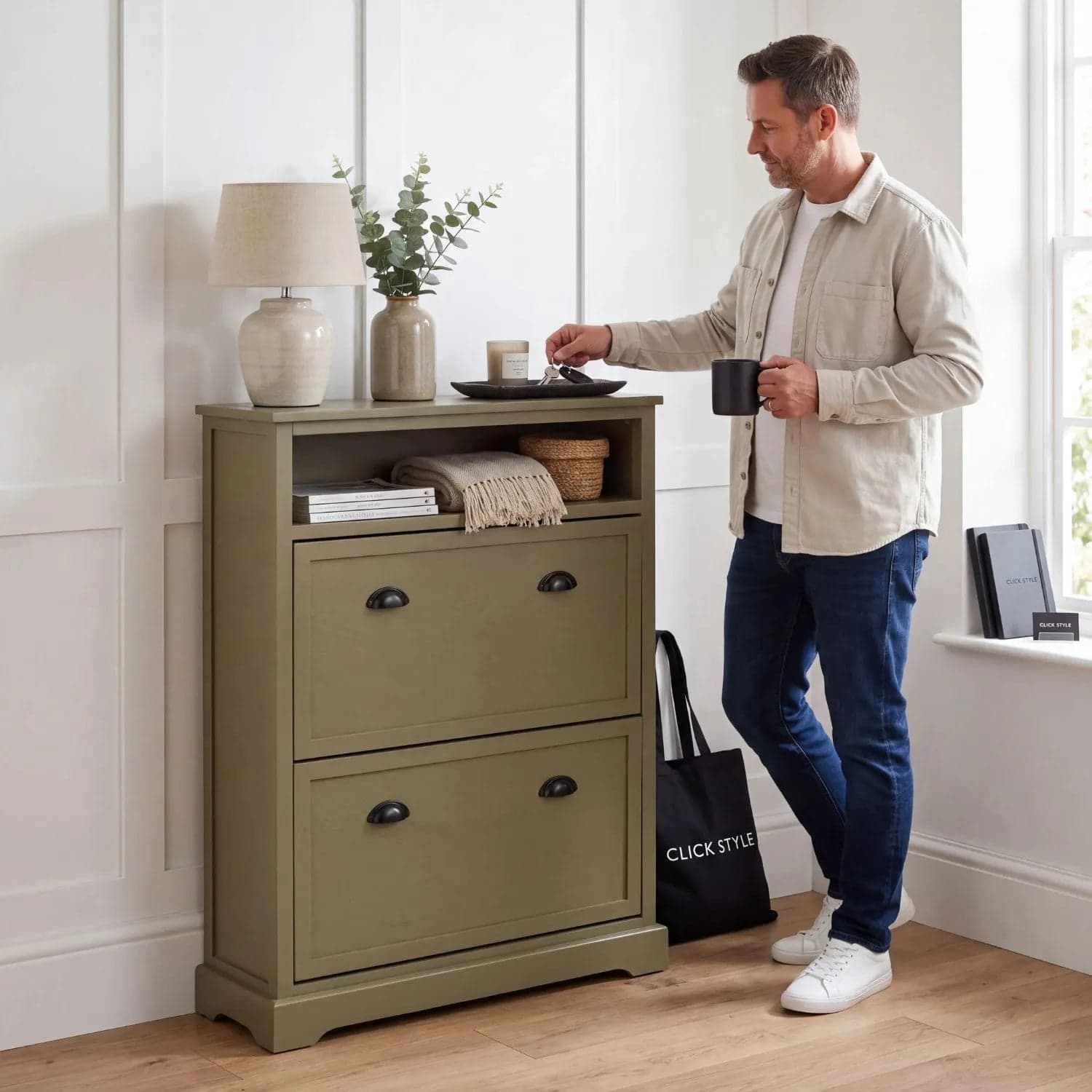 Olive Green Pine Wood 2 Drawer Shoe Storage Unit with Matt Black Cup Handles 106x80x28cm