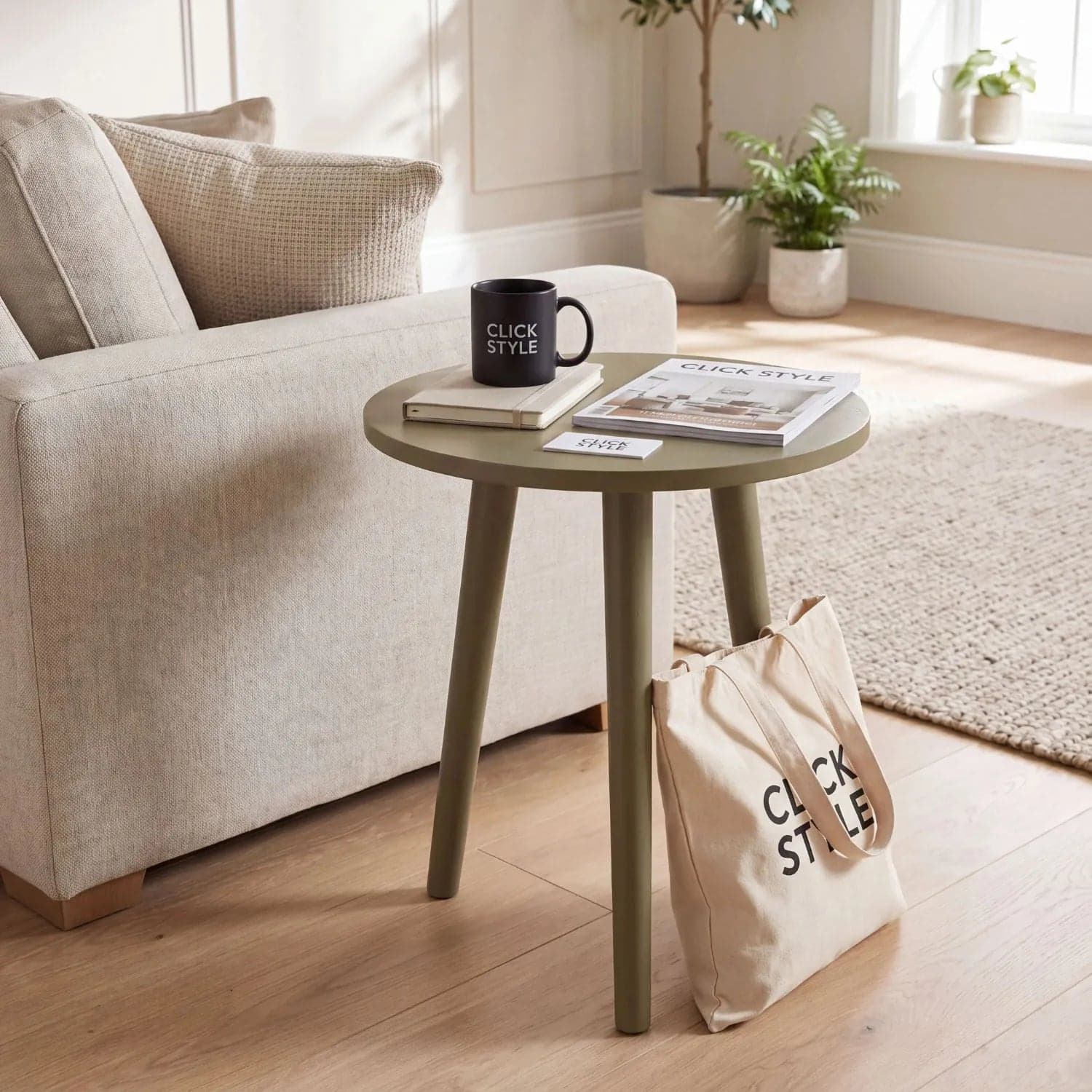 Olive Green Pine Wood Round Tripod Side Table 42x40x40cm