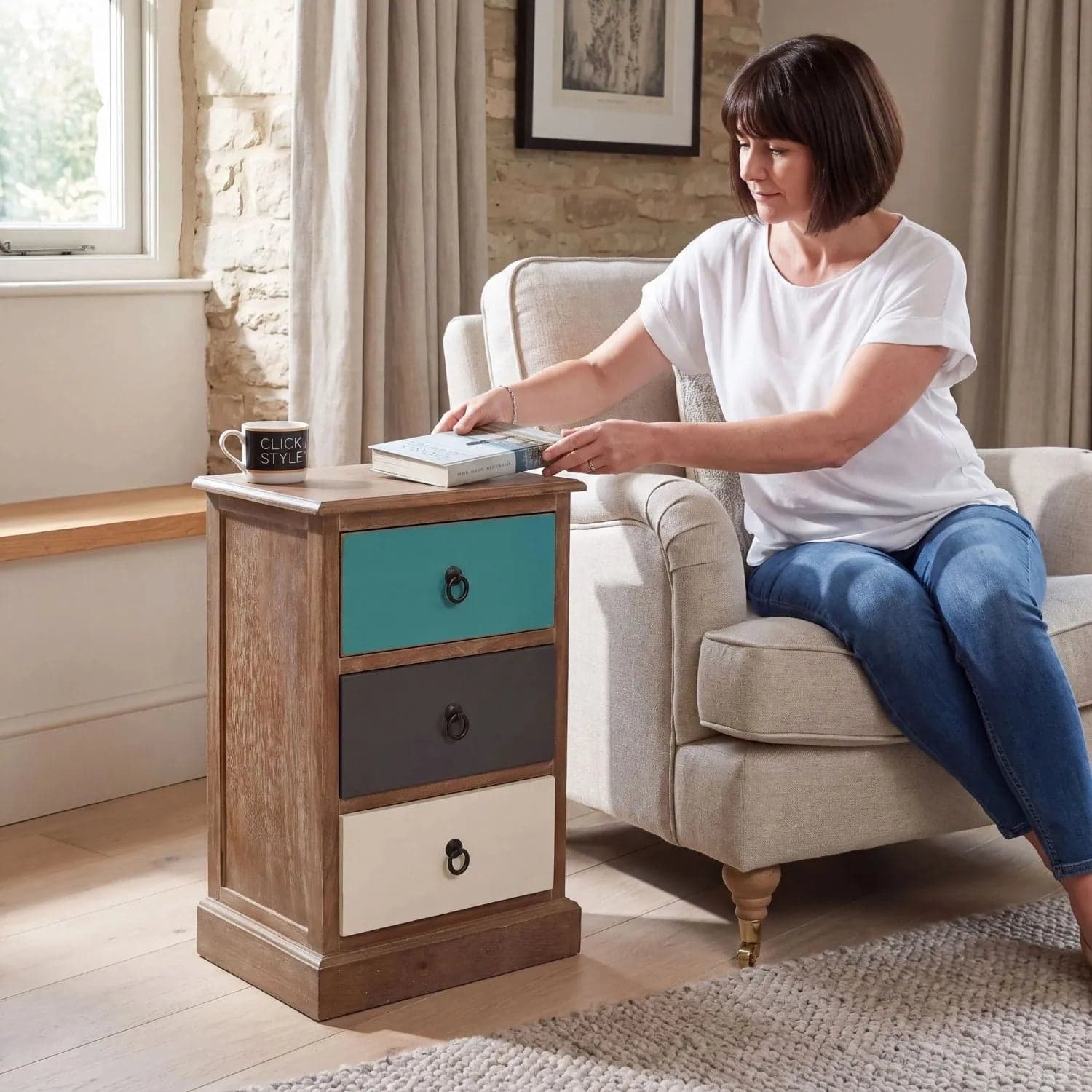 Turquoise Blue & Neutral Distressed Pine Wood 3 Drawer Side Table & Bedside Table with Black Ring Handles 66x42x32cm
