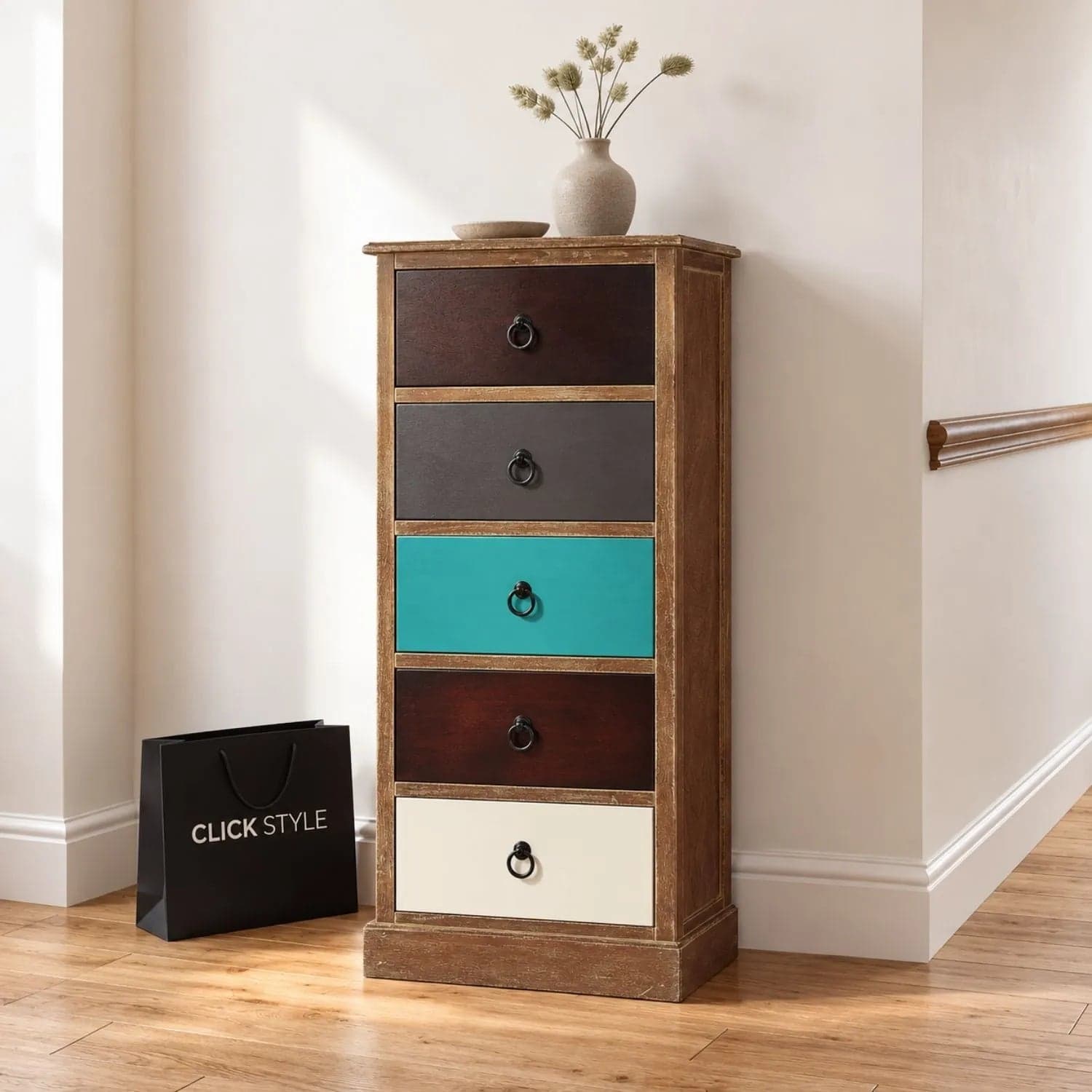 Turquoise Blue & Neutral Distressed Pine Wood 5 Drawer Tallboy Chest of Drawers with Black Ring Handles 101x42x32cm