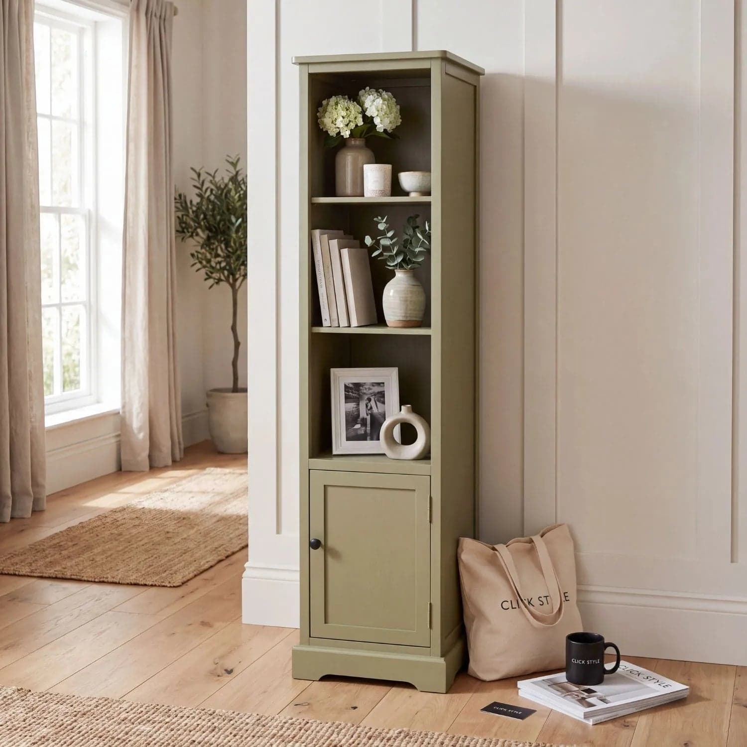 Olive Green Pine Wood 1 Door 3 Shelf Display Storage Unit with Matt Black Door Knob 153x38x30cm — image 1 of 16